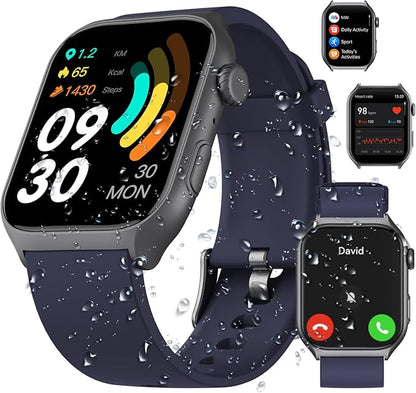 Digital Watch with 2" HD Color Screen, 45 Days Long Battery, IP68 Waterproof, Answer/Make Call/Quick Reply/AI Voice Assistant, 100+ Sport Modes, Health Fitness Tracker for Android and iOS (Blue)