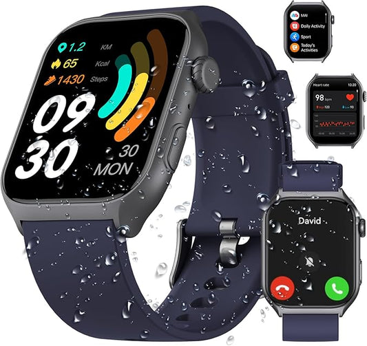 Digital Watch with 2" HD Color Screen, 45 Days Long Battery, IP68 Waterproof, Answer/Make Call/Quick Reply/AI Voice Assistant, 100+ Sport Modes, Health Fitness Tracker for Android and iOS (Blue)