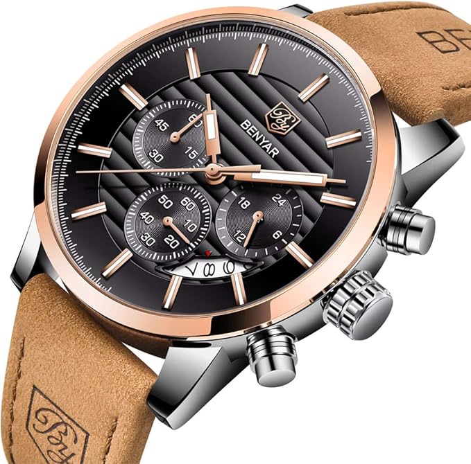 BENYAR Quartz Chronograph Waterproof Watches Business and Sport Design Leather Band Strap Wrist Watch for Men