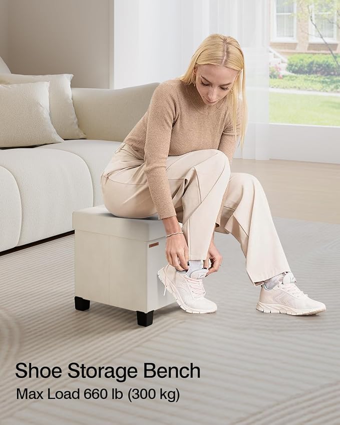 Cube Storage Ottoman, Velvet Foot Stool with Feet, Folding Bench, End of Bed Bench, Storage Chest, for Living Room, Bedroom and Office, 15 x 15 x 15.7 Inches, Cream White, ASND22W