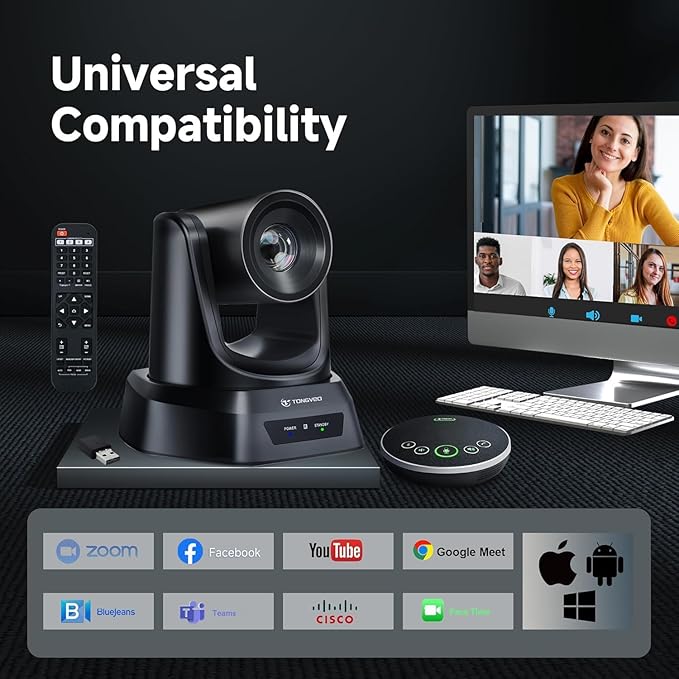 TONGVEO Wireless Conference Room Webcam, Church Live Streaming 20X USB 1080P 60fps PTZ Camera for Worship Services Online Conference, Works with Zoom, Skype OBS Easy to Set Up
