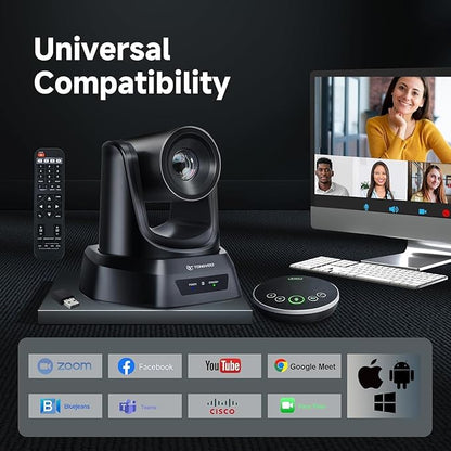 TONGVEO Wireless Conference Room Webcam, Church Live Streaming 20X USB 1080P 60fps PTZ Camera for Worship Services Online Conference, Works with Zoom, Skype OBS Easy to Set Up