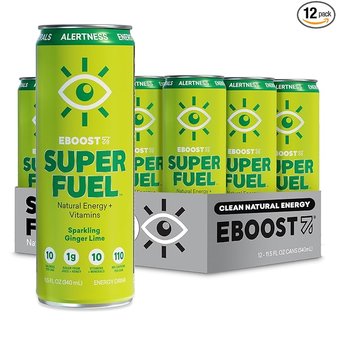 EBOOST Super Fuel Healthy Energy Drink - Caffeine from Natural & Clean Ingredients For Focus and Productivity -Taurine Free Pre-Workout With Electrolytes, Nootropic & Vitamins - Ginger Lime, 12 Pack