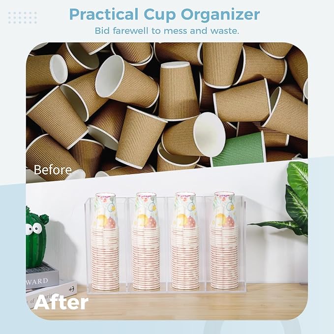 4-Compartment Acrylic Cup Dispenser, White Cup and Lid Holder for Counter, 16.5 * 4.1 * 9.4 inches,Wall-Mounted Cup Organizer, Clear Desktop Cup Storage Holder or Kitchen, Coffee, Bar