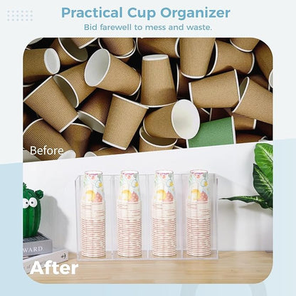 4-Compartment Acrylic Cup Dispenser, White Cup and Lid Holder for Counter, 16.5 * 4.1 * 9.4 inches,Wall-Mounted Cup Organizer, Clear Desktop Cup Storage Holder or Kitchen, Coffee, Bar