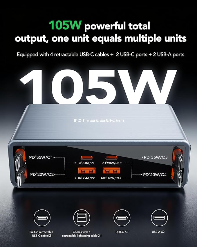 8-in-1 Retractable USB C Charger Block,105W Gan Usbc Fast Charging Station Hub for Multiple Devices,4 Retractable Cables,Type C Wall Charger Plug for iPhone 17 Pro/17/16/15/14/13,Galaxy S26,Pixel,iPad