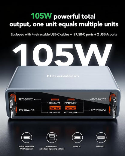 8-in-1 Retractable USB C Charger Block,105W Gan Usbc Fast Charging Station Hub for Multiple Devices,4 Retractable Cables,Type C Wall Charger Plug for iPhone 17 Pro/17/16/15/14/13,Galaxy S26,Pixel,iPad