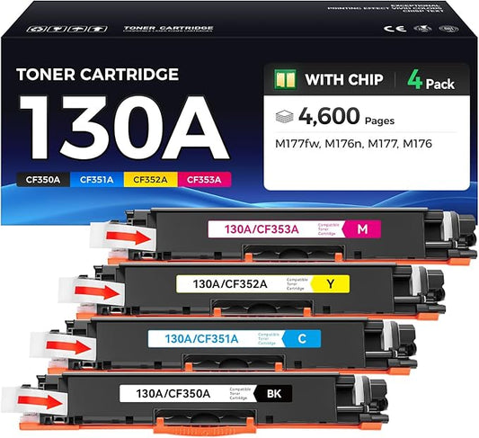 130A Toner Cartridge Set 4-Pack (Black Cyan Yellow Magenta) High Yield Replacement for HP 130A CF350A CF351A CF352A CF353A Compatible with HP Color Laserjet Pro MFP M176n M177fw Printer Ink M176 M177