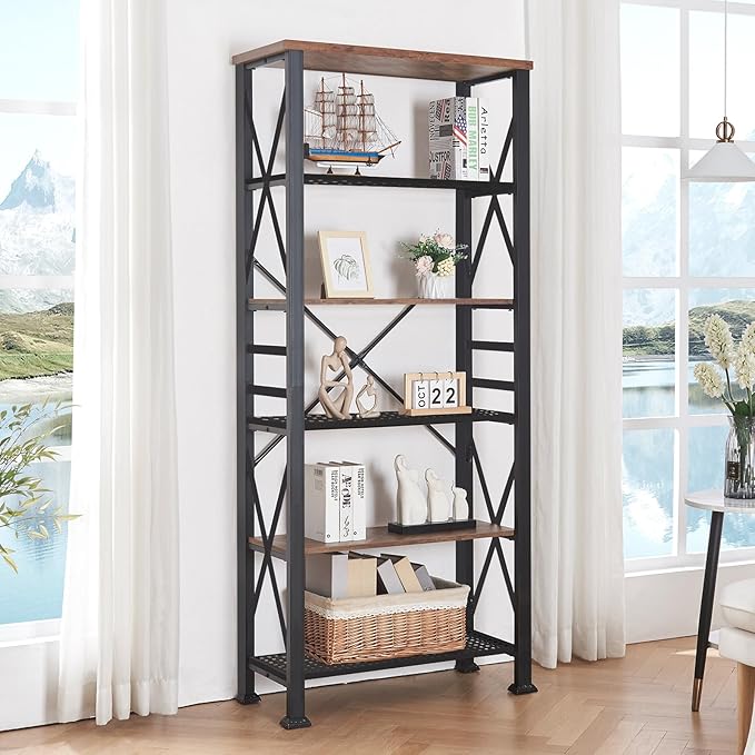 HOMBAZAAR 6 Tier Bookshelf,74 Inch Tall Industrial Bookshelf with Metal Frame and Open Shelves,Rustic Heavy Duty Book Shelf, Metal Bookshelves and Bookcases for Office,Living Room and Library,Brown