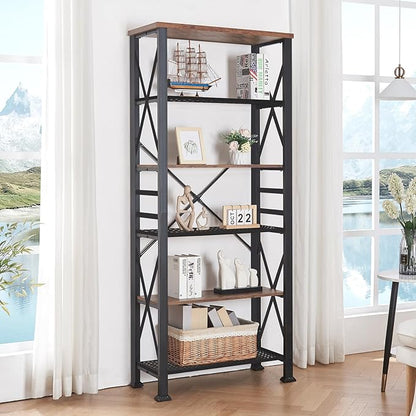 HOMBAZAAR 6 Tier Bookshelf,74 Inch Tall Industrial Bookshelf with Metal Frame and Open Shelves,Rustic Heavy Duty Book Shelf, Metal Bookshelves and Bookcases for Office,Living Room and Library,Brown