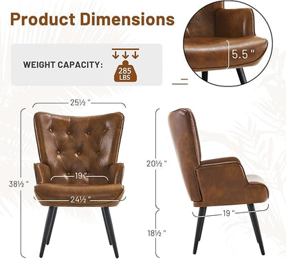 Furniliving PU Leather Accent Chair for Living Room, Upholstered Reading Chair with High Backrest, Tufted-Button Wingback Armchair for Bedroom, Dressing Room, Home Office, Brown, Set of 2