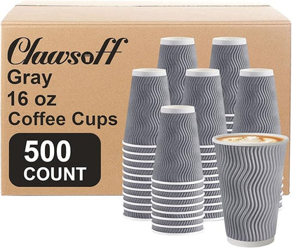 500 Pack 16oz Coffee Cups,Corrugated Insulated Ripple Wall Disposable Paper Coffee Cups 500 Count,Hot Beverages Cup for Office,Party,Home,Travel(Gray)