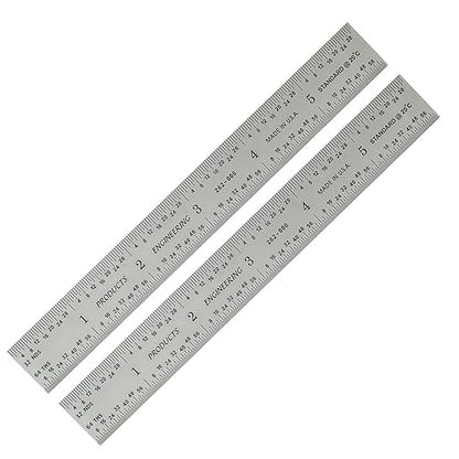 PEC Tools 6"/150mm Rigid Metal Ruler (2 Pack), English & Metric Graduation (1/32", 1/64", 0.5mm, 1.0mm), Fully Hardened and Tempered, Stainless Steel Machinst Rule for Professionals, Made in USA