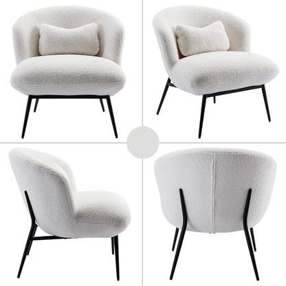 Modern Accent Chair, Upholstered Sherpa Fabric Side Chair With Small Pillow, Black Metal Legs, Comfy Lounge for Living Room Bedroom, White