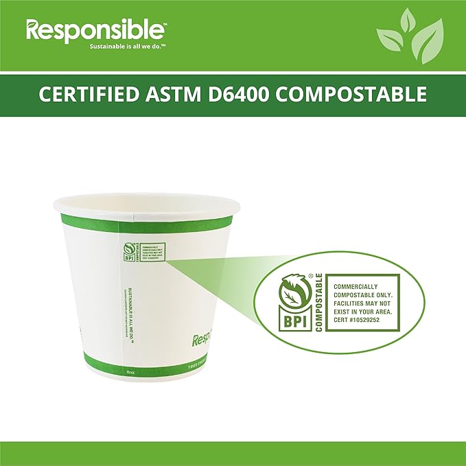 Responsible Products 8 oz Paper Hot Cups (Squat), Tree-Less™ Compostable Paper Coffee Cups, Extra Strength, Tree-Free and Made Without PFAS, White (1000 Count)