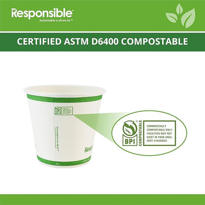Responsible Products 8 oz Paper Hot Cups (Squat), Tree-Less™ Compostable Paper Coffee Cups, Extra Strength, Tree-Free and Made Without PFAS, White (1000 Count)
