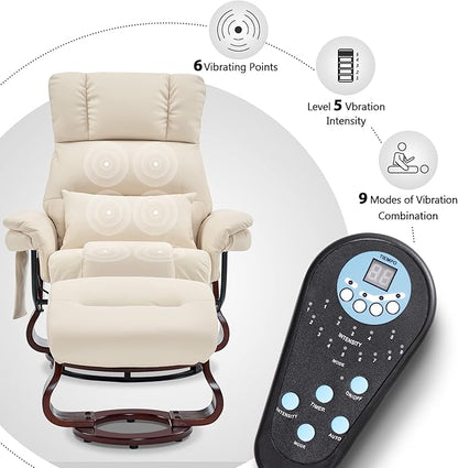 MCombo Swivel Recliners with Ottoman, Reclining TV Chairs with Vibration Massage, Faux Leather Ergonomic Lounge Chair for Living Room Bedroom 4832 (Cream White)