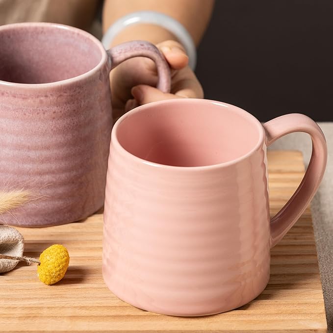 Ceramic Coffee mugs, 21 oz, Extra Large Mugs, Big Tea Cup, Large Handle, Pottery Mug, Big Belly, Transmutation Glaze，Wide Bottom, stripe pattern, Microwave & Dishwasher Safe. (Pink)