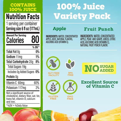 good2grow 100% Apple Juice & Fruit Punch Flavored Juice for Kids- Juice Bottles Bulk 24 Pack, Reusable Bottle, No Sugar Added, Source of Vitamin C- 6 fl oz, Pack of 24 (Spill Proof Tops Not Included)