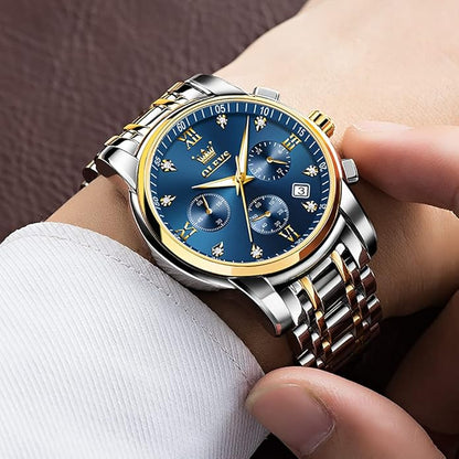 OLEVS Men's Luxury Watch Waterproof Luminous Easy Read Chronograph Watches Full Gold/White Dail/Black Face with Calendar Wristwatch
