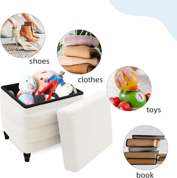 CAROLMADE Folding Storage Ottoman Cube Sherpa Footstool with Wood Legs Ottoman Footrest for Living Room and Bedroom, White 15"x12.6"x15.4"