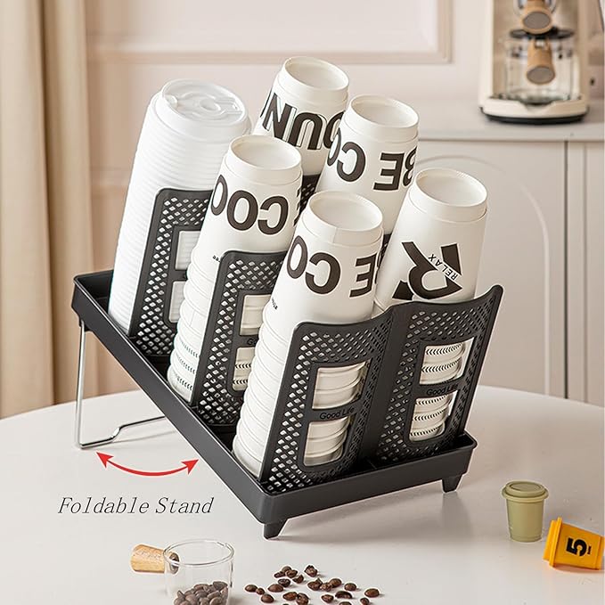 Paper Cup Dispenser, Cup and Lid Holder with 6 Slots, Disposable Coffee Cup Storage Organizer for Countertop, Office, Home, Breakroom, Restaurant, Coffee Station (Black)