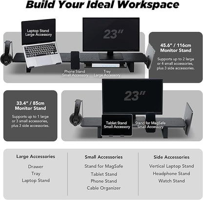 Moodular Wooden Monitor Stand 45.6” (116cm) Large Desk Organizer with Metal Slide Rails for Drawer, Tray, Laptop, Tablet, Phone & Headphones Customizable Riser for Organized Workspace Oak