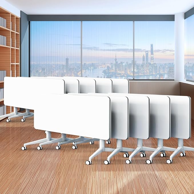 Folding Conference Table,Movable Conference Room Table with Wheels,White Wood Rectangular Conference Table with Modern Business Style,Modular Meeting Training Tables for Office Classroom(10,61'')