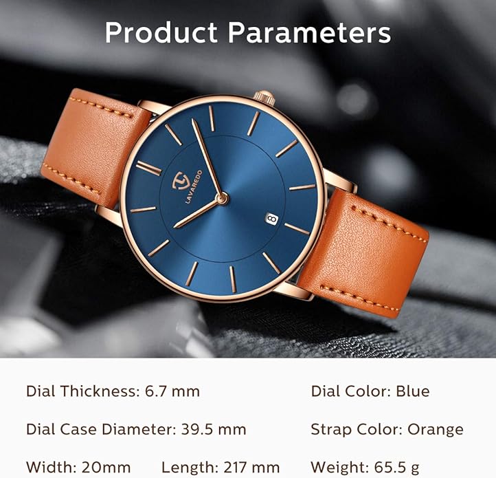 L LAVAREDO Watch for Men, Extremely Thin Mens Watches Minimalist Analog Men's Leather Wrist Watches with Time/Date, Birthday Gift for Men Boyfriend