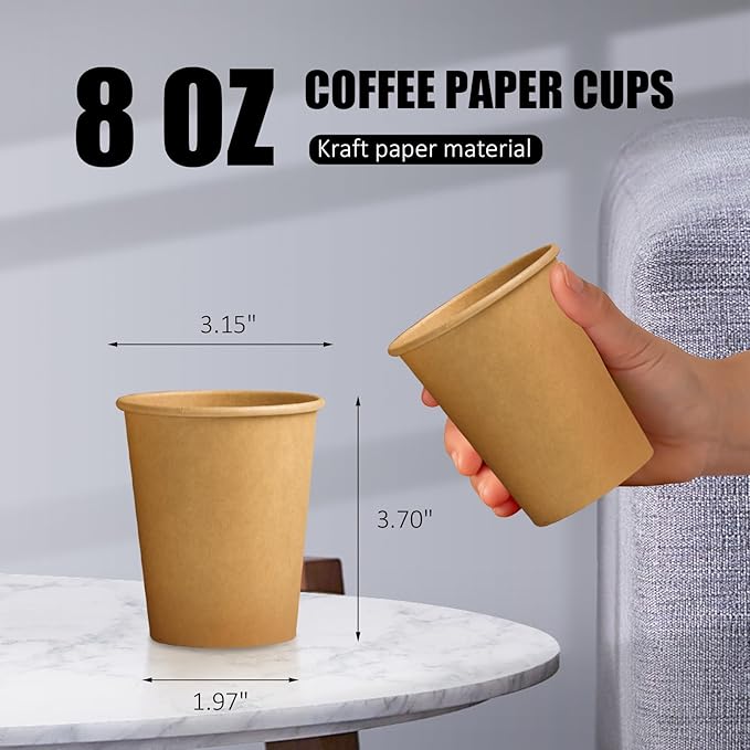 180 Pack 8 oz Paper Cups, Brown Kraft Disposable Paper Coffee Cups, Unbleached Paper Cups for Hot/Cold Beverage Party, Picnic, Travel, and Events.