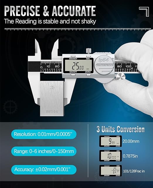 Housolution Digital Caliper, (ABS) Absolute Scale Caliper 8in, IP54 Electronic Measuring Tool, Inch/MM/Fraction, Auto-Off LCD Stainless Steel Waterproof Micrometer Vernier Caliper, with Feeler Gauges
