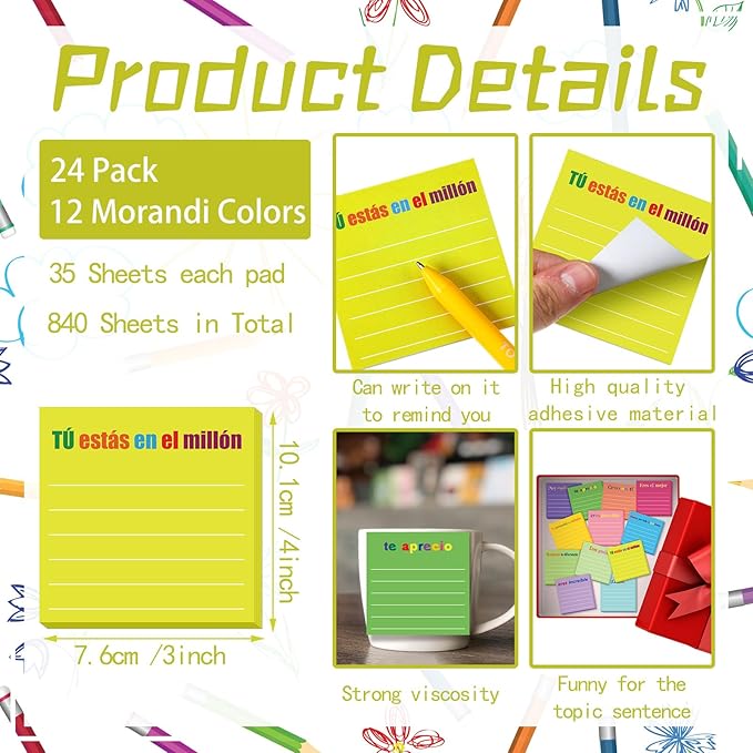 Yinder 24 Pcs Inspirational Sticky Notes Christmas Stocking Stuffers Motivational Sticky Notes Pad Employee Appreciation Gift Bulk for Teacher Nurse Coworker Office 3 x 3'' (Appreciation,Spanish)