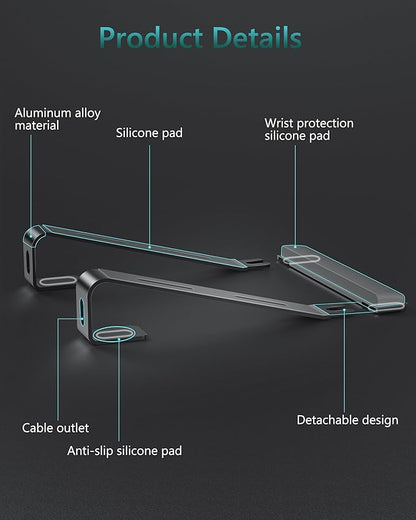 Aluminum Laptop Stand, Notebook Stand with Wrist Rest, Ergonomic Detachable Laptop Mount, Computer Stand Compatible with 10-17'' All Laptops Such as MacBook Air Pro/HP/Dell/Lenovo, Black
