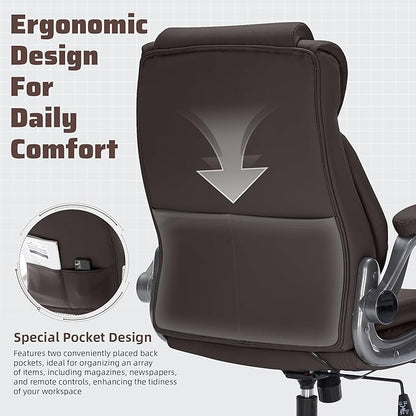 Large High Back Office Chair with Flip Arms- Executive Desk Chair with Locking Wheels, Adjustable Lumbar Support, Ergonomic Synthetic Leather Computer Chair Prevents Cats Scratching