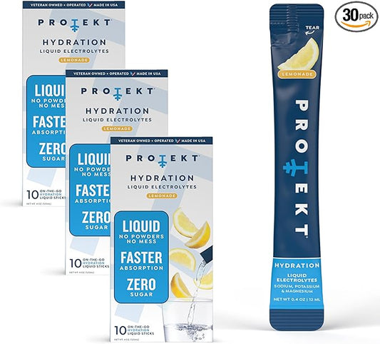 PROTEKT Electrolyte Packets for Recovery & Hydration | Organic & Sugar-Free Electrolytes Drinks | Works Faster Than Powder Drink | On-The-Go Liquid Hydration Drink | Lemonade, 30 Pack