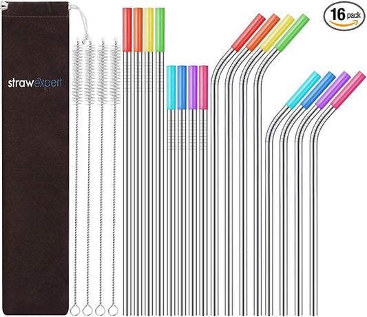 Set of 16 Reusable Stainless Steel Straws with Travel Case Cleaning Brush Silicone Tips Eco Friendly Extra Long Metal Straws Drinking for 20 24 30 oz Tumbler