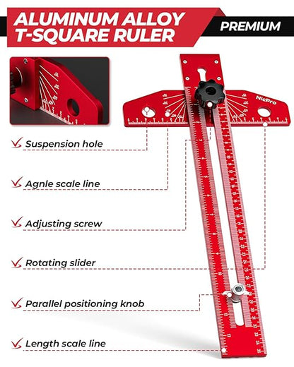 Nicpro Woodworking Scriber Marking Line Ruler, Adjustable Aluminum Alloy Sliding T-Square Ruler with Carpenter Pencil, Angle Adjustment Scale, Precision Line Drawing aid Ruler Tools for Woodworking