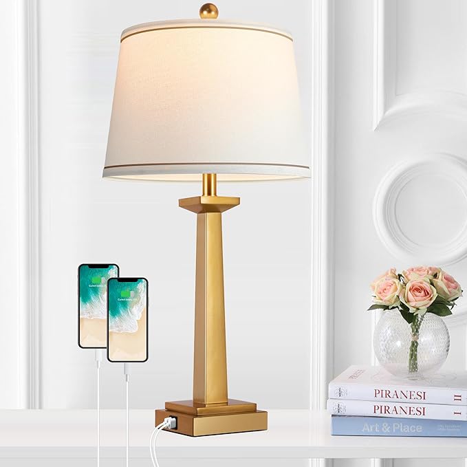ROTTOGOON 29" Gold Table Lamps with 2 USB Charging Ports, 3-Color Temperature Nightstand Modern Lamps with Rotary Switch, Resin Brass Tall Lamp for Living Room Bedroom Home Office (LED Bulb Included)