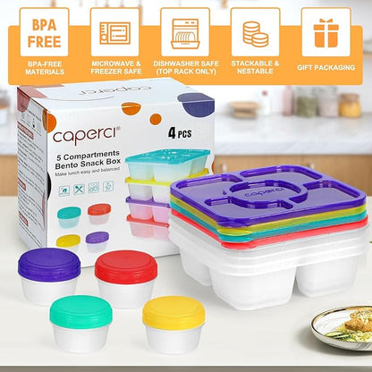 Caperci Original Bento Snack Box Containers for Kids & Adults - Lunchable Food Containers 5 Compartments with 4 Leakproof Small Containers, BPA-Free, Set of 4 (Brights)