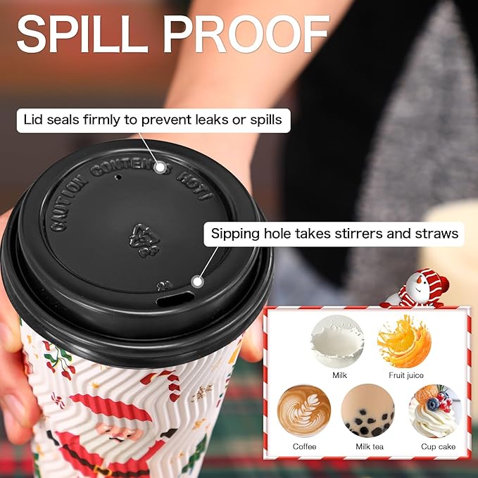 Lamosi 50 Pack - 16 oz Christmas Coffee Cups with Lids, Insulated Disposable To Go Paper Coffee Cups, Corrugated Ripple Wall Cup for Hot Drink