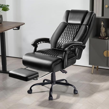 Big and Tall Office Chair with Foot Rest 400lbs, Heavy Duty Executive Leather Office Chair for Heavy People, Comfy High Back Ergonomic Office Desk Chair with Footrest and Lumbar Support, Black