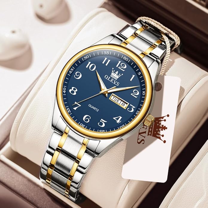 Men's Casual Stainless Steel Watch, Big Face Easy to Read Analog Quartz Watch with Day and Date, Classic Waterproof Diamond Roman Arabic Numerals Dial Dress Watch for Men, Gold Silver Black Band