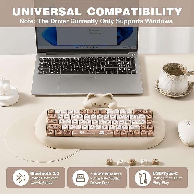 YUNZII C68 Wireless Mechanical Keyboard,65% Layout,Hot Swap,Triple Mode BT5.0/2.4G/Wired, RGB Backlit NKRO,Cute Cat Silicone Ergonomic Design for Win/Mac (Brown, Milk Switch)