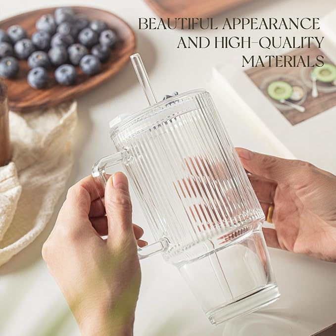 24oz Ribbed Glass Cups with Lids and Straws,Glass Tumbler with Handle,2 set–Reusable Glass Ice Coffee Cups with Lid and Straw for Smoothies,Tea,Juice,Boba Cup for Cold & Hot Drinks,Travel Cup