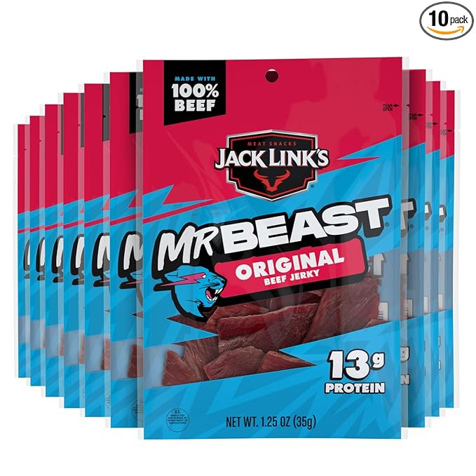Jack Link’s x MrBeast Original Beef Jerky – 13g Protein per Serving, Made with 100% Real Beef, Pantry-Ready, Kids Snacks, Great Stocking Stuffers and Gifts, 10 Count of 1.25 oz Bags