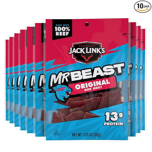 Jack Link’s x MrBeast Original Beef Jerky – 13g Protein per Serving, Made with 100% Real Beef, Pantry-Ready, Kids Snacks, Great Stocking Stuffers and Gifts, 10 Count of 1.25 oz Bags