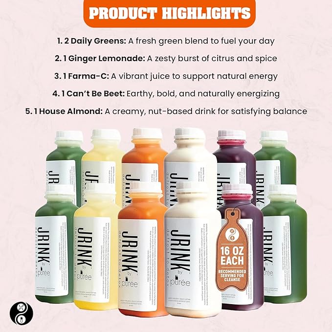 JRINK by Purée Easy Juice Cleanse, Cold Pressed Detox Drink with Organic 2 Day-Healthy Vegetable and Fruit Juice, Frozen Pressed Juice Cleanse, 12 Bottles, 16oz Each