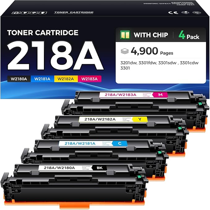 218A Toner Cartridges Set with Chip 4-Pack 3301fdw Replacement for HP 218A W2180A W2181A W2182A W2183A 218X W2180X Compatible with HP Color Laserjet Pro MFP 3301cdw 3301sdw 3201dw Printers Ink Black