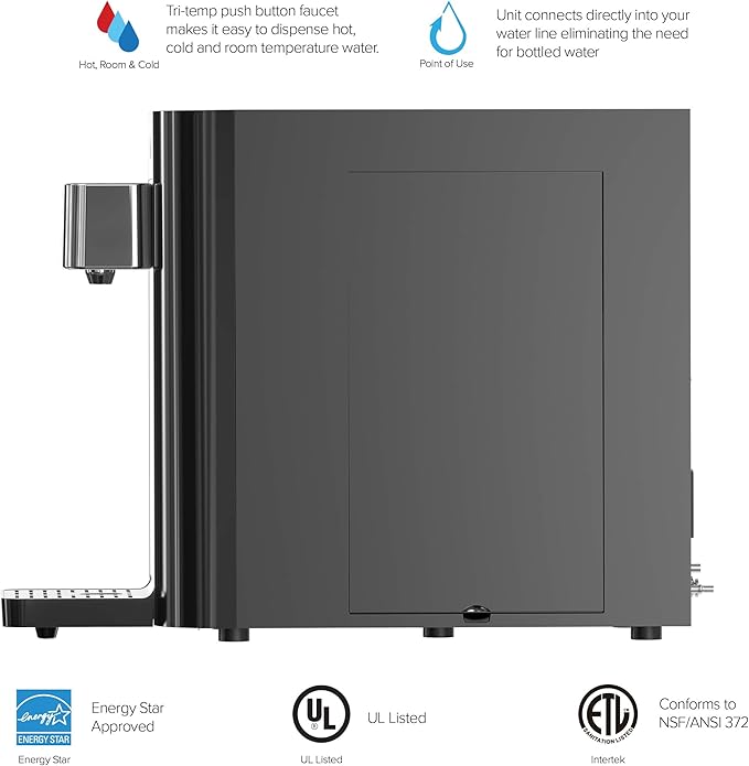 Brio Self-Cleaning Countertop Bottleless Water Cooler Dispenser - with 2-Stage Water Filter and Installation Kit, Tri Temp Dispense, UV Cleaning - Black