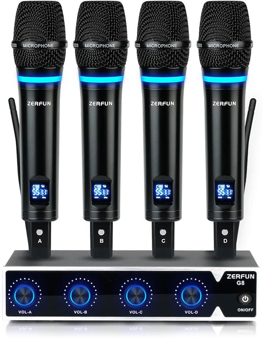 Pro Rechargeable Wireless Microphone System 4 Channel, UHF Metal Handheld Wireless Microphones Cordless Mics with VOL Control, 4x50 Adjustable Frequency for Karaoke Singing Church(G8)